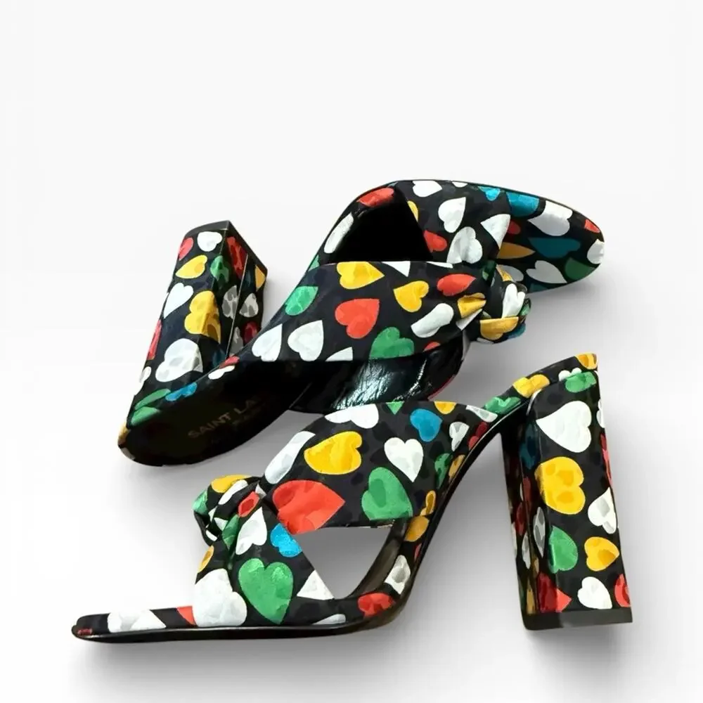 Saint Laurent Bianca 100 Black Heart Knotted Mule Sandals Block Heel 36.5 US 6.5 - Picture 8 of 14